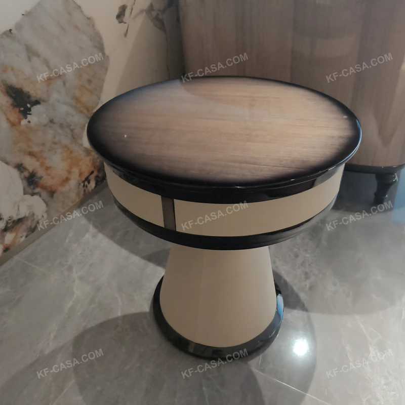 Round Radial Natural Wood Veneer Sofa Side Table with Beige Leather-Wrapped Pedestal and Layered Glossy Black Trim